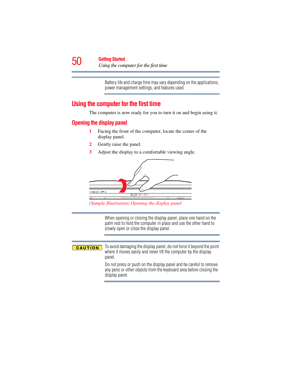 Using the computer for the first time, Opening the display panel | Toshiba SATELLITE PRO S300M User Manual | Page 50 / 250