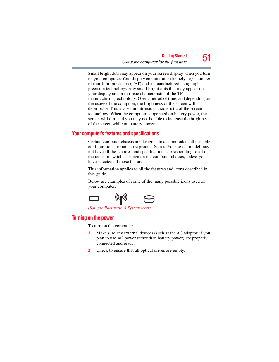 Your computer’s features and specifications, Turning on the power | Toshiba SATELLITE PRO S300M User Manual | Page 51 / 250