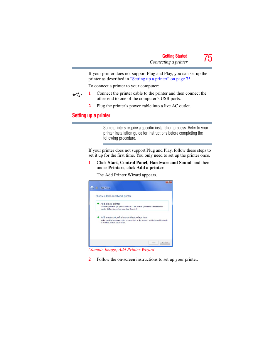 Setting up a printer | Toshiba SATELLITE PRO S300M User Manual | Page 75 / 250