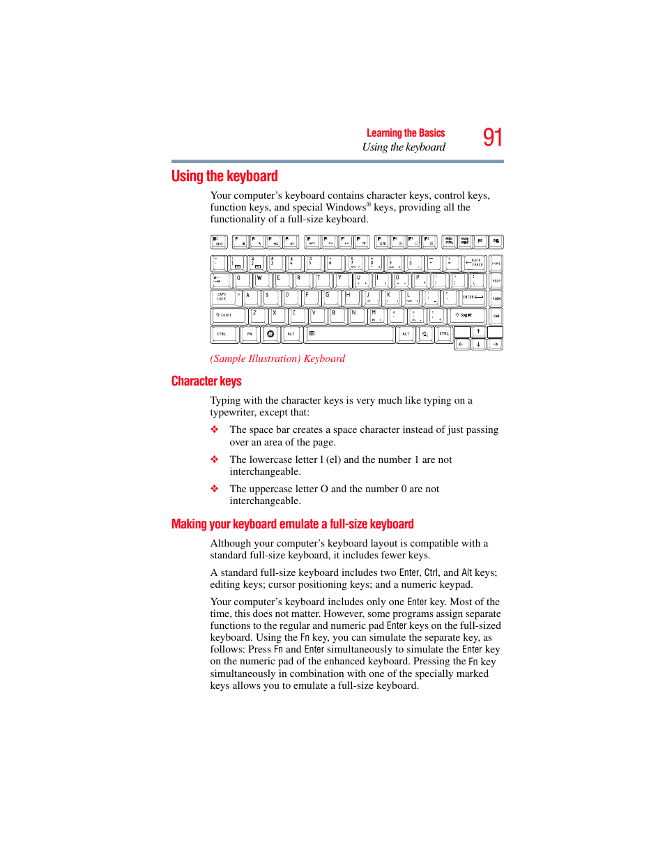 Using the keyboard, Character keys, Making your keyboard emulate a full-size keyboard | Keyboard | Toshiba SATELLITE PRO S300M User Manual | Page 91 / 250