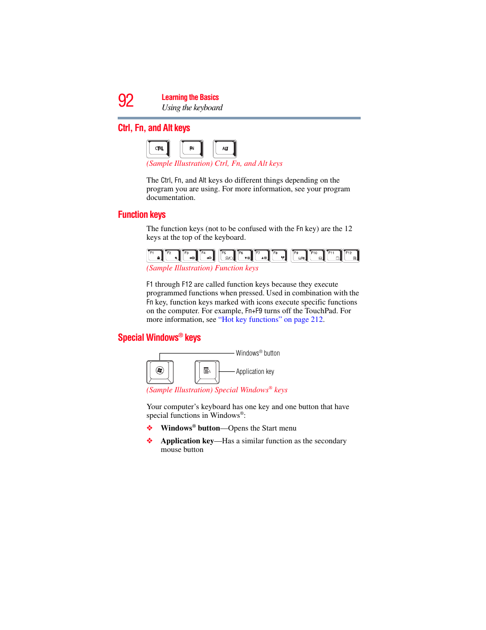 Ctrl, fn, and alt keys, Function keys, Special windows® keys | Toshiba SATELLITE PRO S300M User Manual | Page 92 / 250