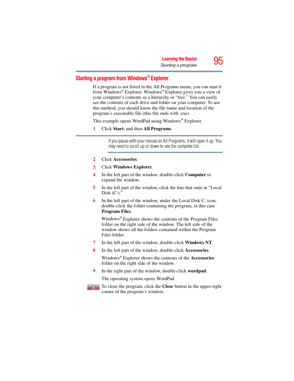 Starting a program from windows® explorer, Starting a program from windows | Toshiba SATELLITE PRO S300M User Manual | Page 95 / 250