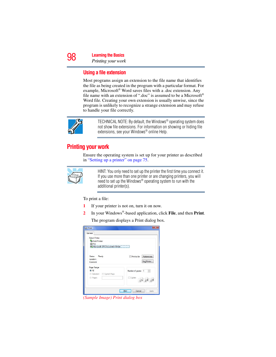 Printing your work | Toshiba SATELLITE PRO S300M User Manual | Page 98 / 250