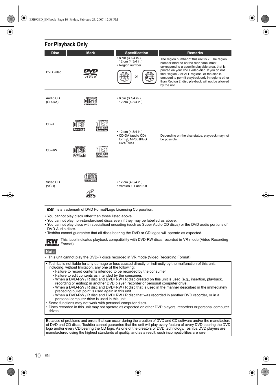 For playback only | Toshiba RD-XV47KE User Manual | Page 10 / 111