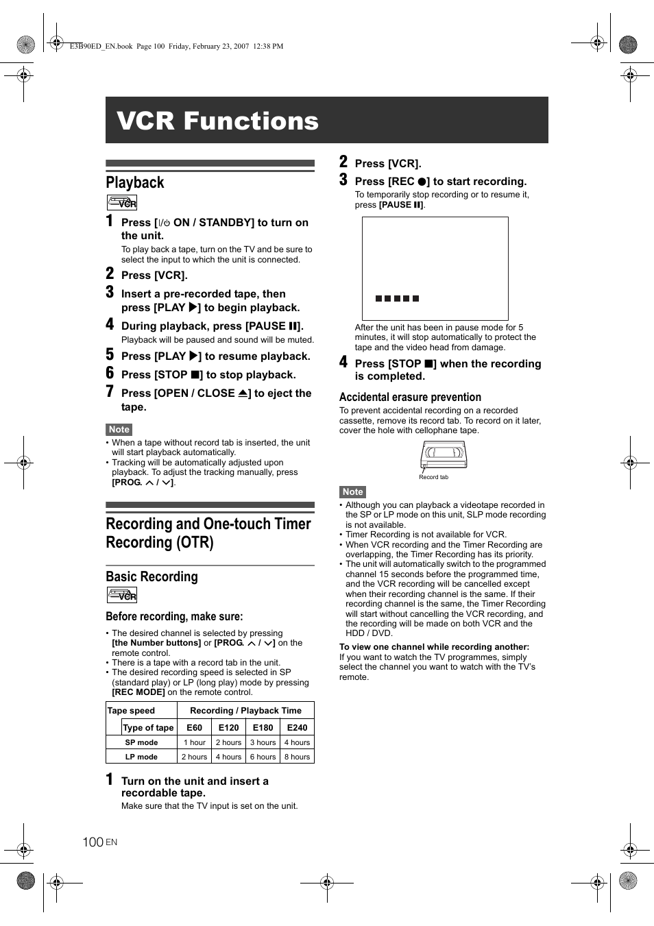 Vcr functions, Playback 1, Recording and one-touch timer recording (otr) | Basic recording | Toshiba RD-XV47KE User Manual | Page 100 / 111