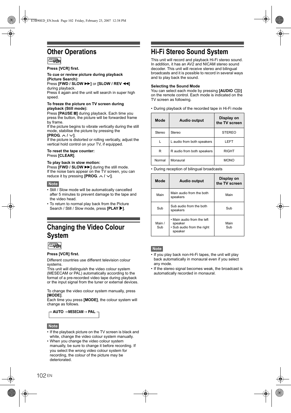 Other operations, Changing the video colour system, Hi-fi stereo sound system | Toshiba RD-XV47KE User Manual | Page 102 / 111