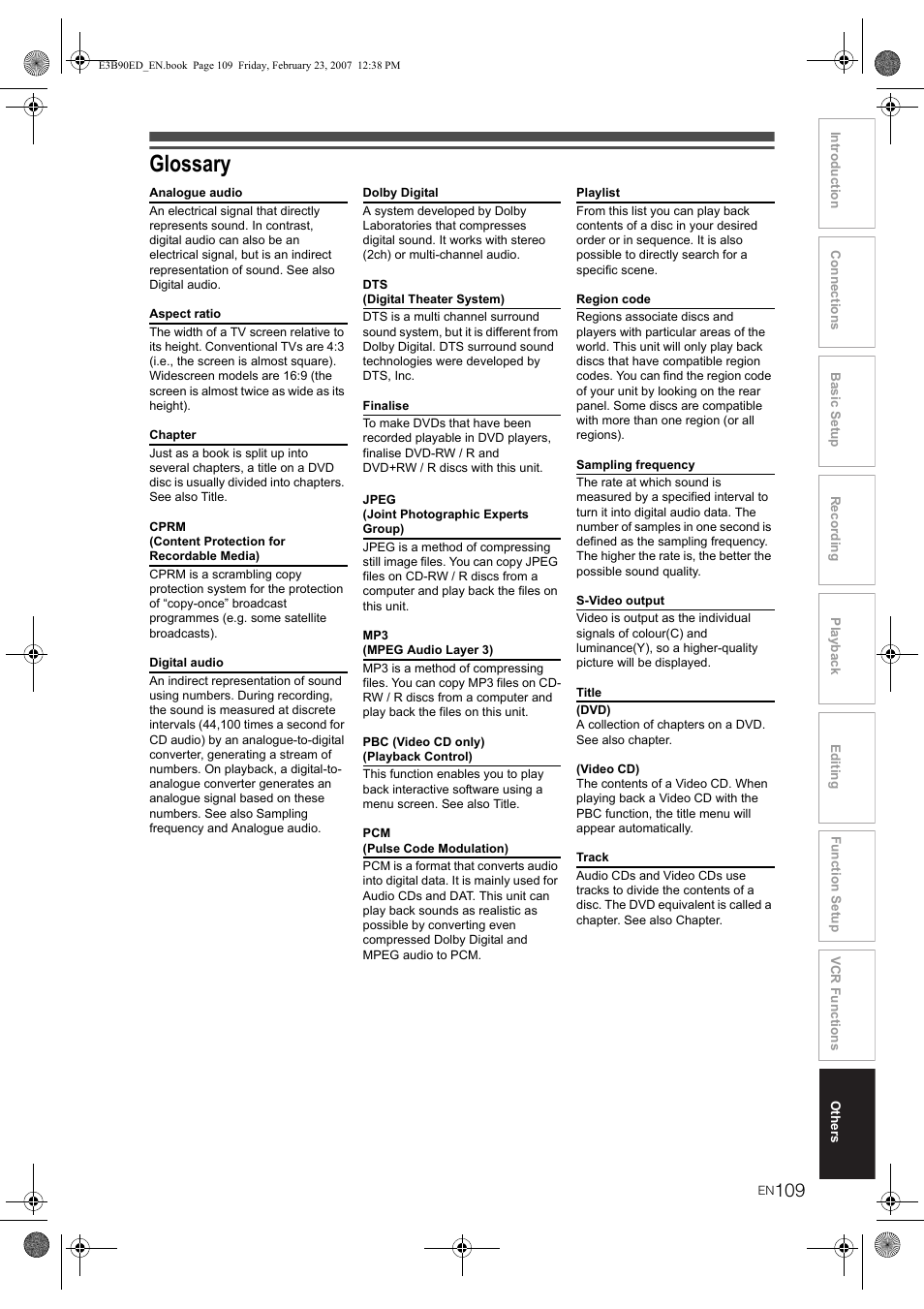 Glossary | Toshiba RD-XV47KE User Manual | Page 109 / 111