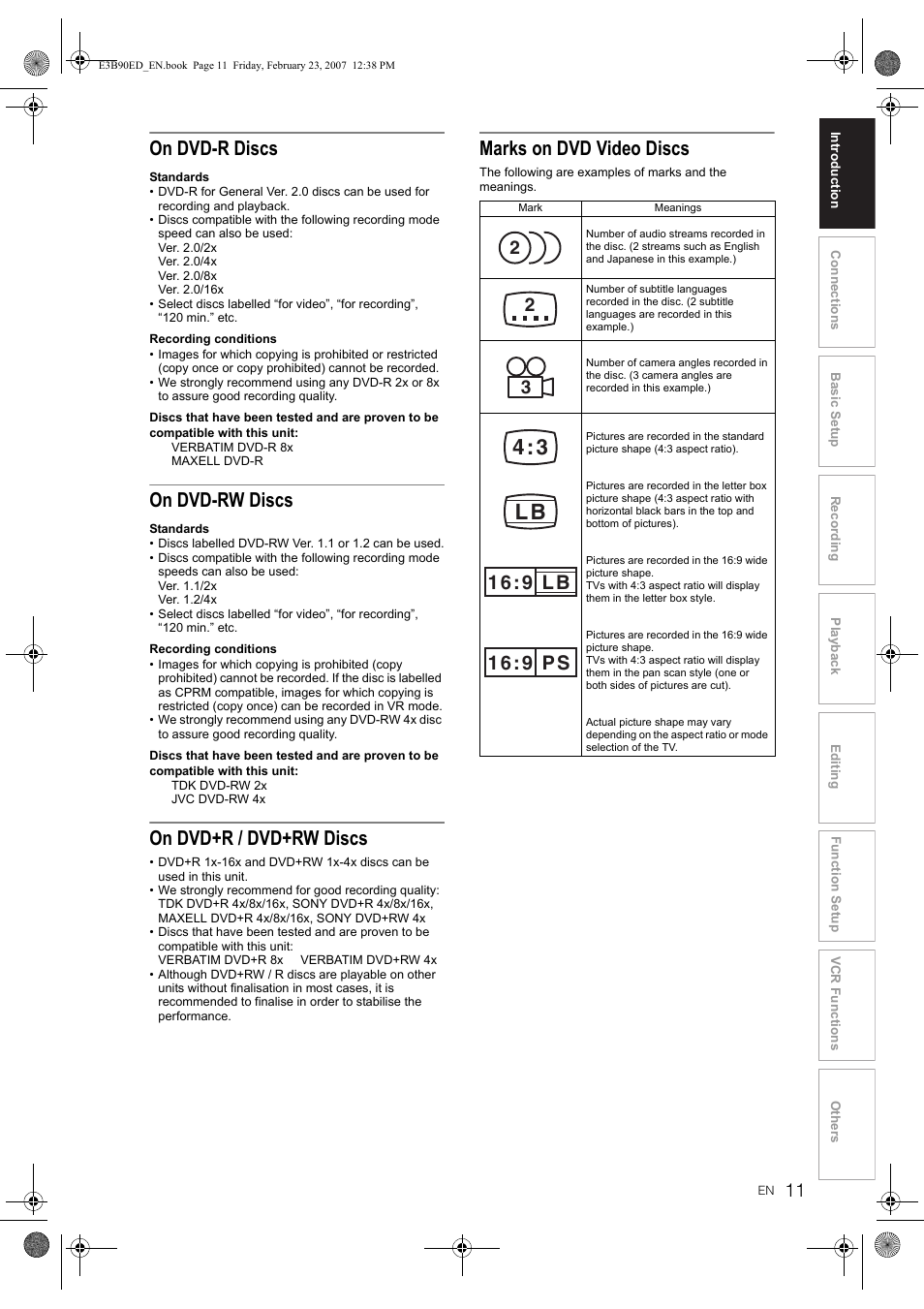 4 : 3 l b, On dvd-r discs, On dvd-rw discs | On dvd+r / dvd+rw discs, Marks on dvd video discs | Toshiba RD-XV47KE User Manual | Page 11 / 111