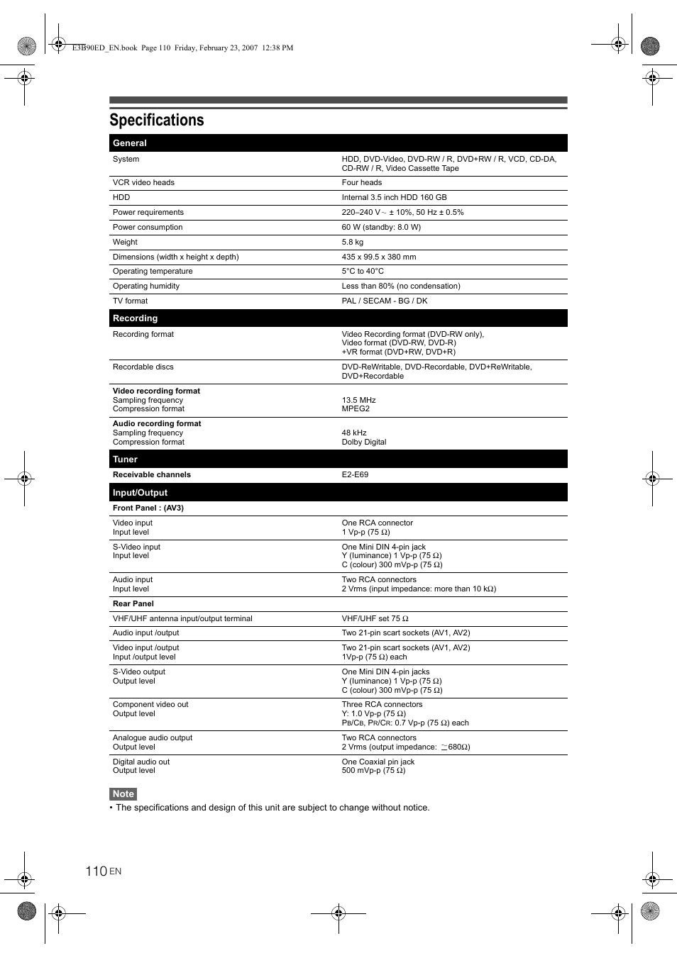 Specifications | Toshiba RD-XV47KE User Manual | Page 110 / 111