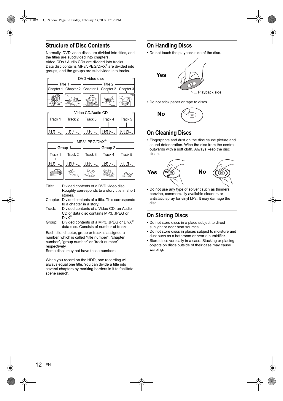 Structure of disc contents, On handling discs, On cleaning discs | On storing discs, Yes no yes no | Toshiba RD-XV47KE User Manual | Page 12 / 111