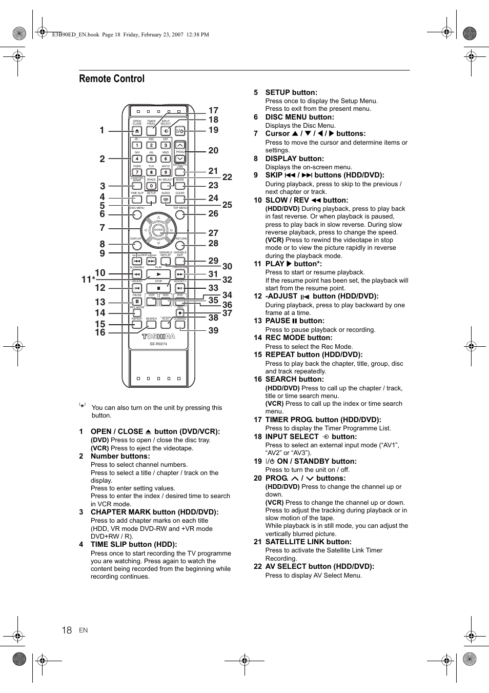Remote control | Toshiba RD-XV47KE User Manual | Page 18 / 111