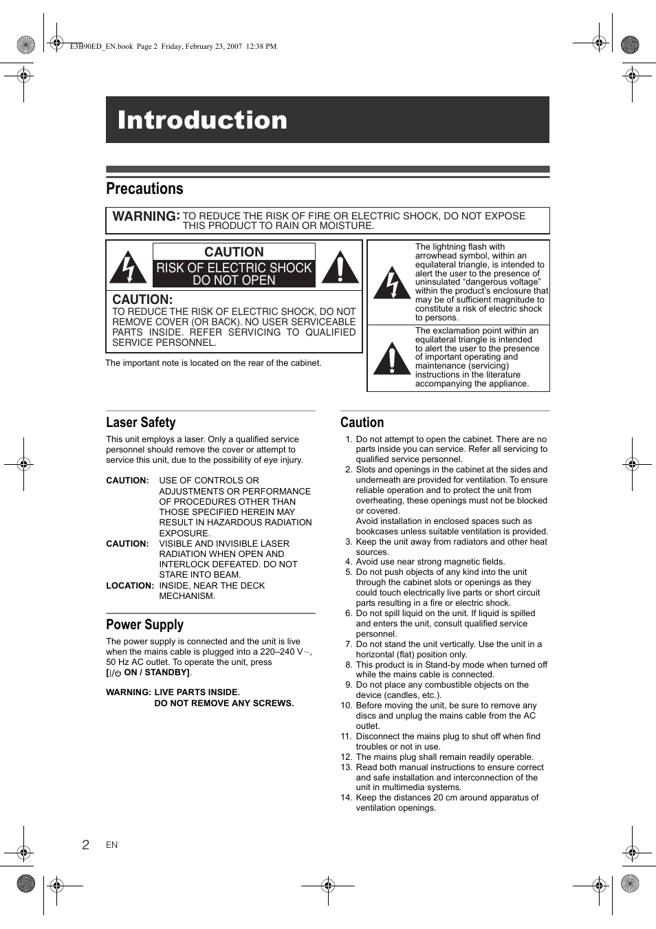 Introduction, Precautions, Laser safety | Power supply, Caution, Caution risk of electric shock do not open caution, Warning | Toshiba RD-XV47KE User Manual | Page 2 / 111