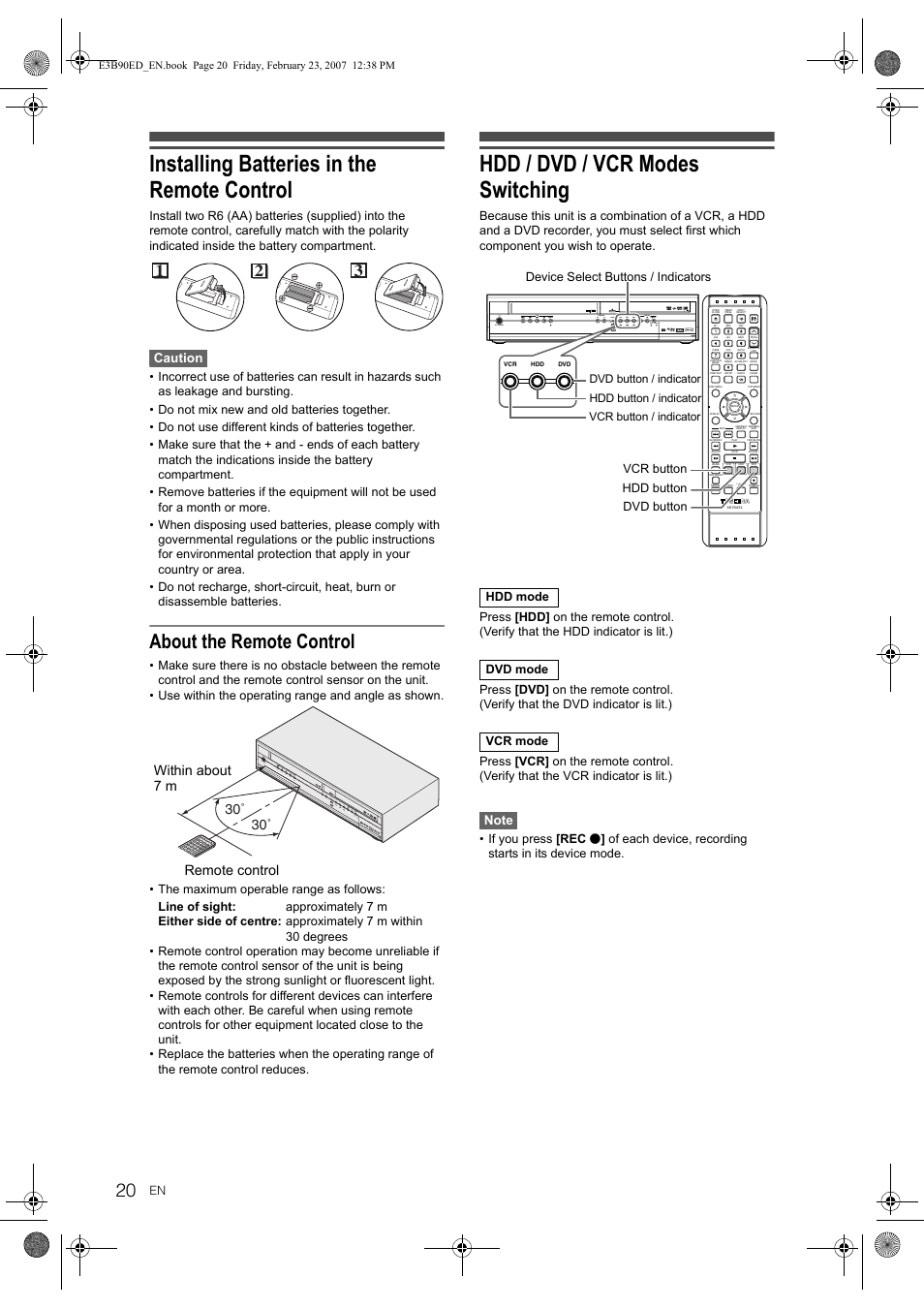 Installing batteries in the remote control, Hdd / dvd / vcr modes switching, About the remote control | Toshiba RD-XV47KE User Manual | Page 20 / 111