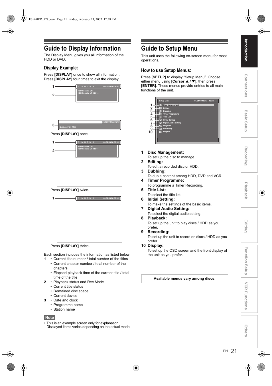 Guide to display information, Guide to setup menu, Display example | How to use setup menus | Toshiba RD-XV47KE User Manual | Page 21 / 111