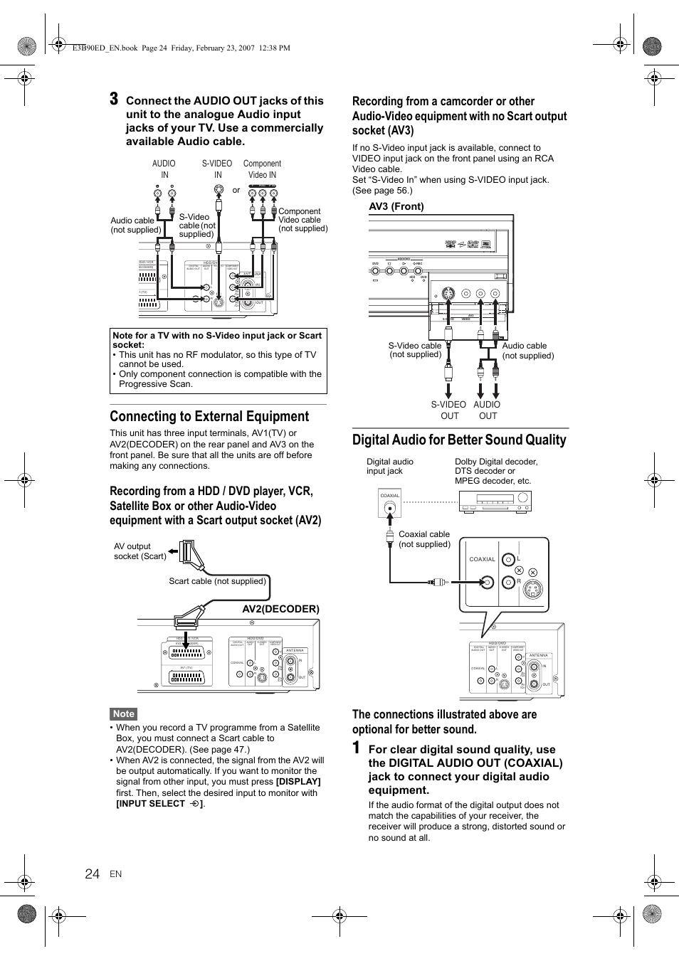 Connecting to external equipment, Digital audio for better sound quality, Av2(decoder) | Av3 (front), S-video out audio out | Toshiba RD-XV47KE User Manual | Page 24 / 111