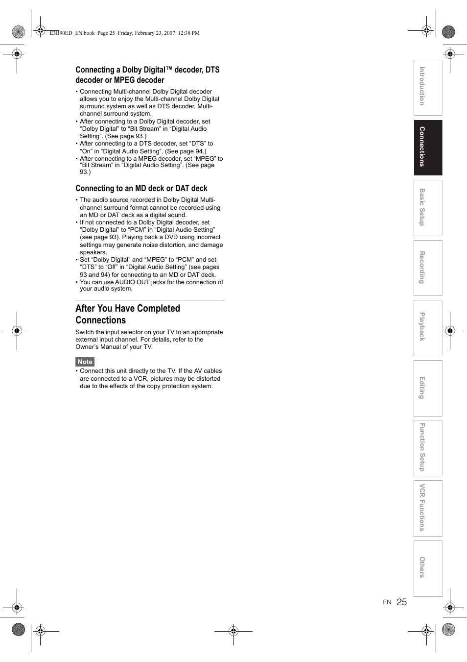 After you have completed connections, Connecting to an md deck or dat deck | Toshiba RD-XV47KE User Manual | Page 25 / 111