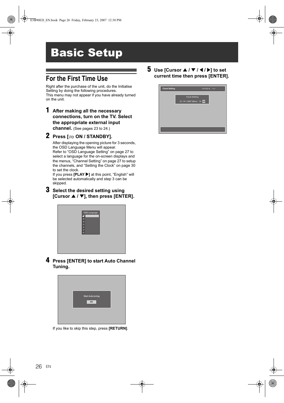 Basic setup, For the first time use | Toshiba RD-XV47KE User Manual | Page 26 / 111