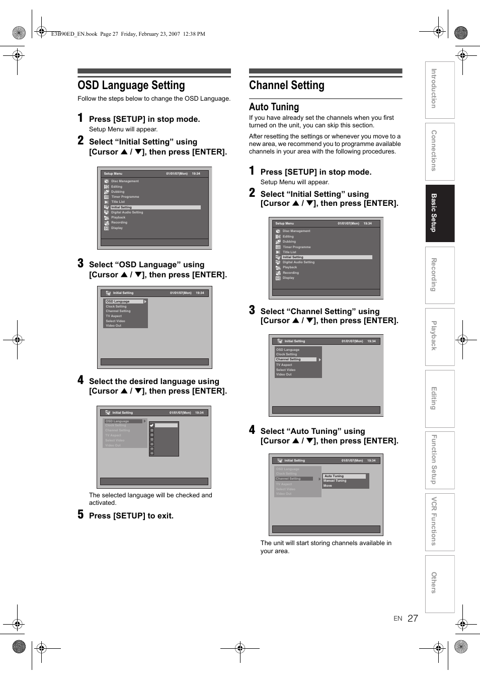 Osd language setting, Channel setting, Auto tuning | Press [setup] in stop mode, Select “initial setting” using [cursor, Then press [enter, Select “osd language” using [cursor, Select the desired language using [cursor, Press [setup] to exit, Select “channel setting” using [cursor | Toshiba RD-XV47KE User Manual | Page 27 / 111