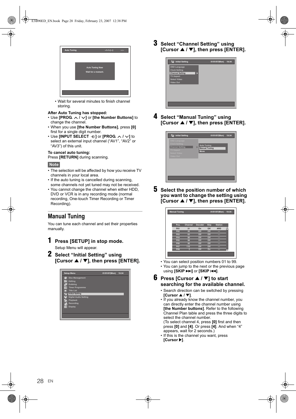 Manual tuning, Press [setup] in stop mode, Select “initial setting” using [cursor | Then press [enter, Select “channel setting” using [cursor, Select “manual tuning” using [cursor, Press [cursor | Toshiba RD-XV47KE User Manual | Page 28 / 111