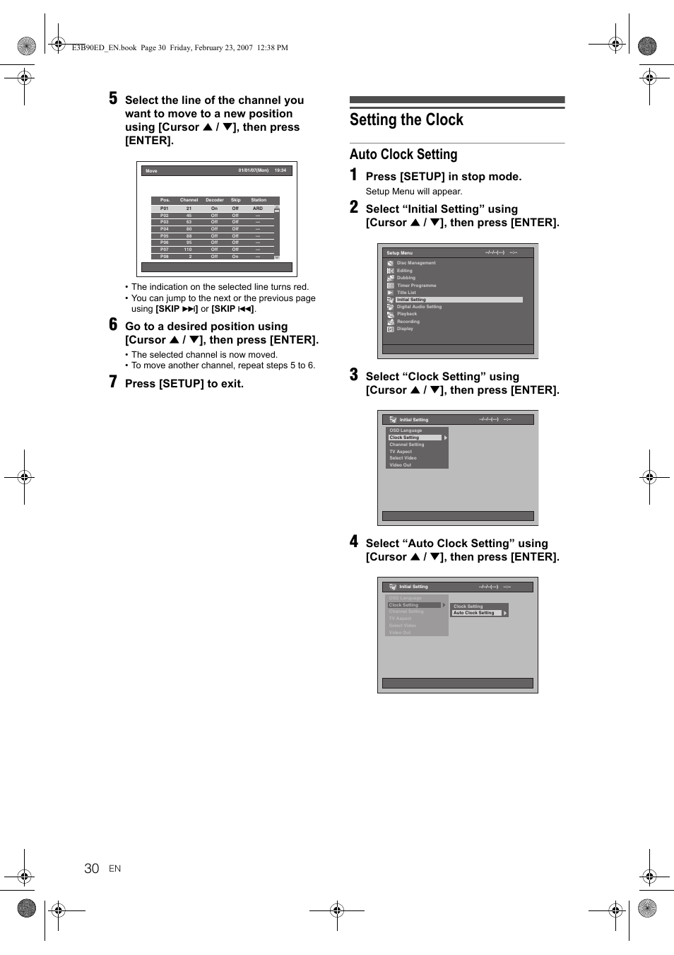 Setting the clock, Auto clock setting, Then press [enter | Go to a desired position using [cursor, Press [setup] to exit, Press [setup] in stop mode, Select “initial setting” using [cursor, Select “clock setting” using [cursor, Select “auto clock setting” using [cursor | Toshiba RD-XV47KE User Manual | Page 30 / 111