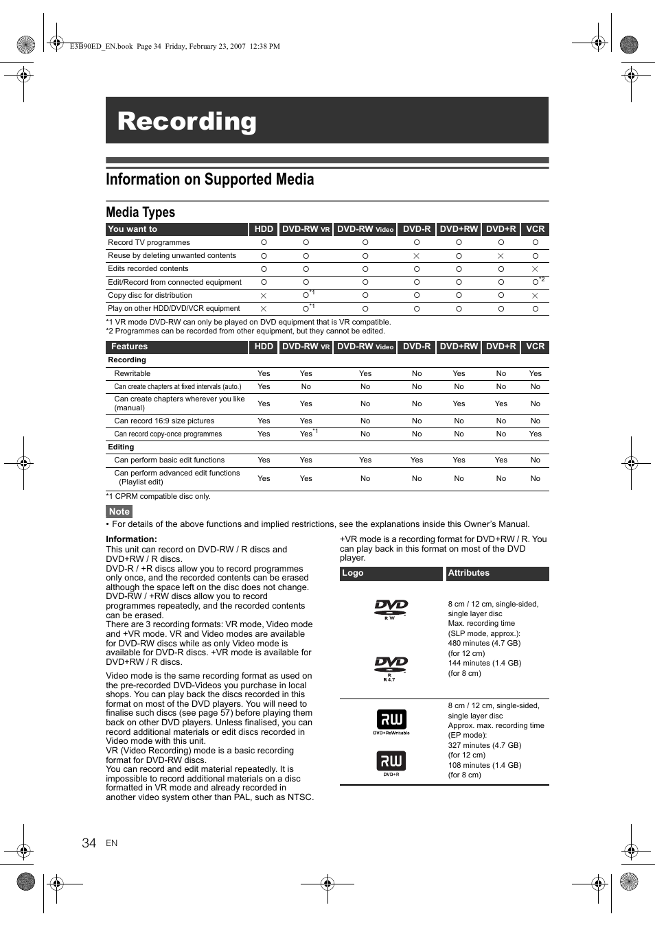 Recording, Information on supported media, Media types | Toshiba RD-XV47KE User Manual | Page 34 / 111
