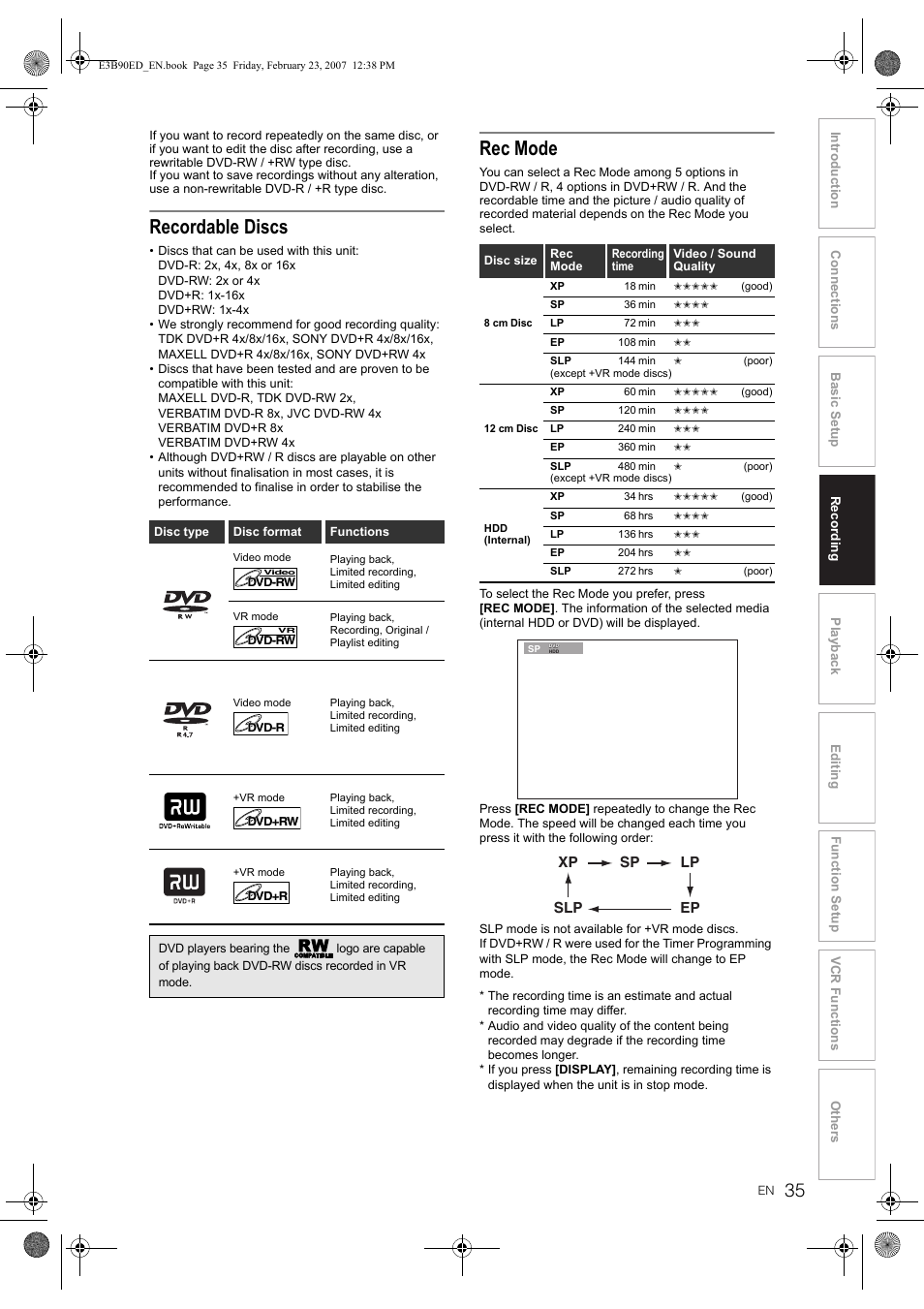 Recordable discs, Rec mode | Toshiba RD-XV47KE User Manual | Page 35 / 111