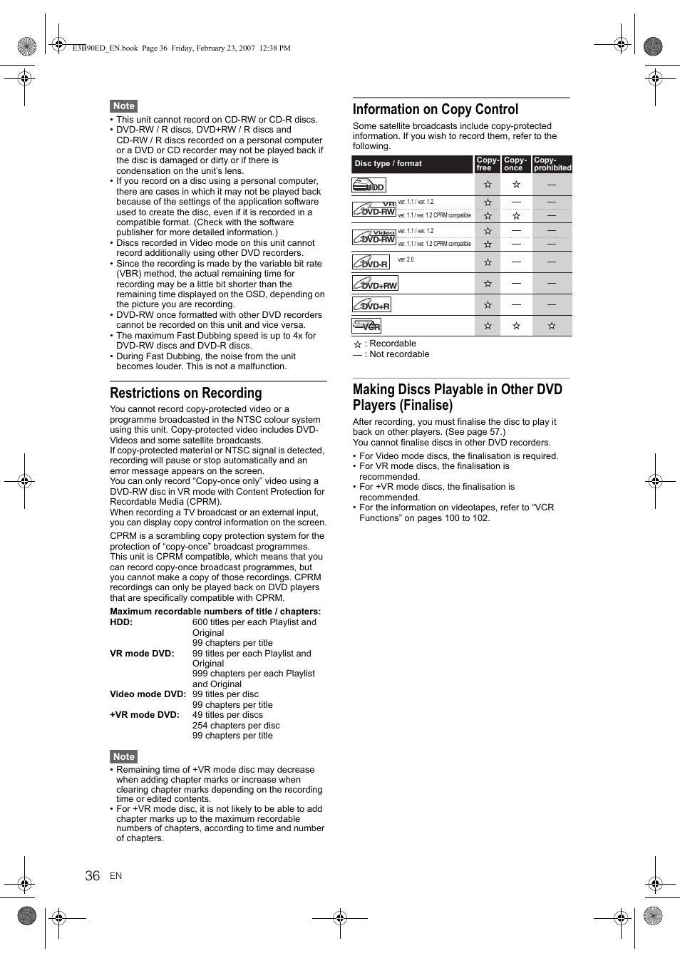 Restrictions on recording, Information on copy control | Toshiba RD-XV47KE User Manual | Page 36 / 111