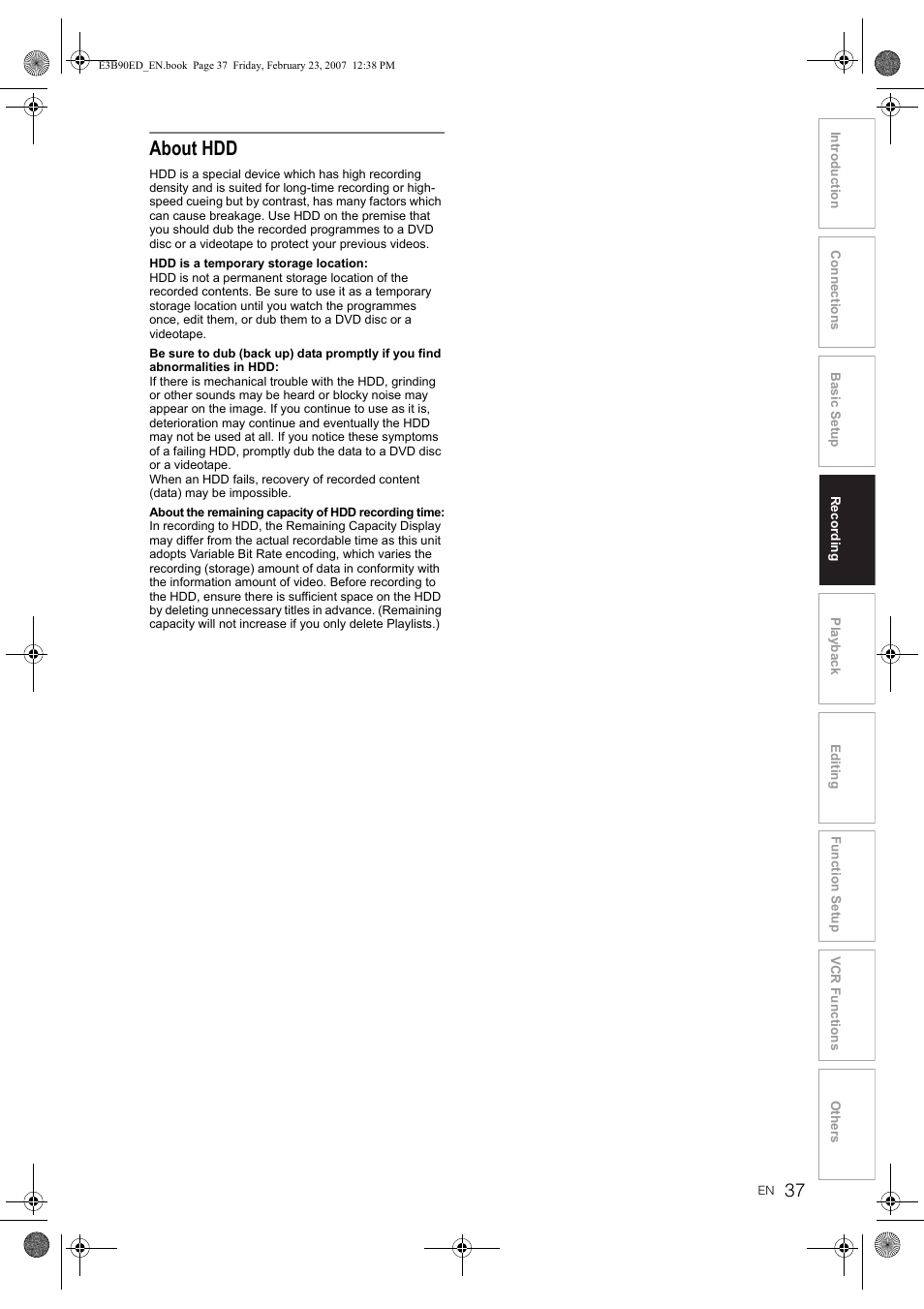 About hdd | Toshiba RD-XV47KE User Manual | Page 37 / 111
