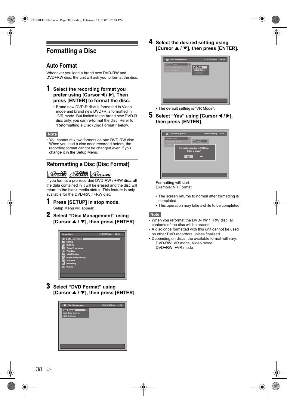 Formatting a disc, Auto format, Reformatting a disc (disc format) | Then press [enter] to format the disc, Press [setup] in stop mode, Select “disc management” using [cursor, Then press [enter, Select “dvd format” using [cursor, Select the desired setting using [cursor, Select “yes” using [cursor | Toshiba RD-XV47KE User Manual | Page 38 / 111