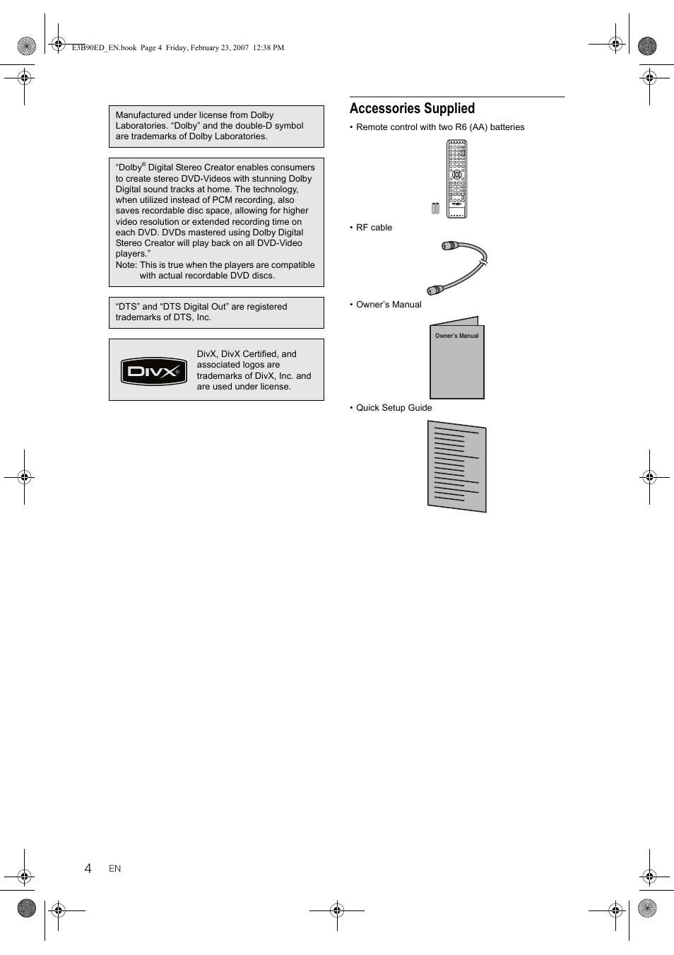 Accessories supplied | Toshiba RD-XV47KE User Manual | Page 4 / 111