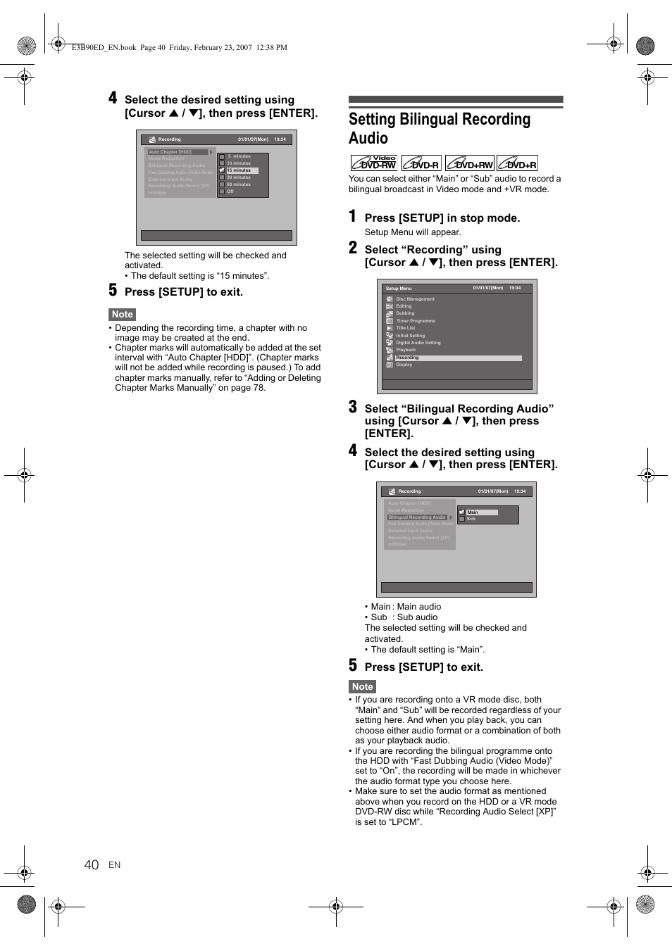 Setting bilingual recording audio, Select the desired setting using [cursor, Then press [enter | Press [setup] to exit, Press [setup] in stop mode, Select “recording” using [cursor, Select “bilingual recording audio” using [cursor | Toshiba RD-XV47KE User Manual | Page 40 / 111