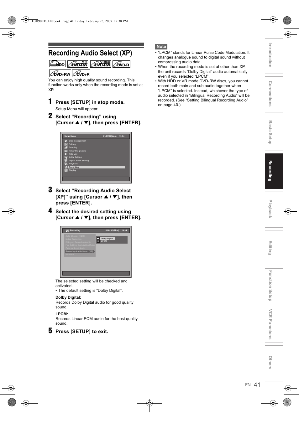 Recording audio select (xp) | Toshiba RD-XV47KE User Manual | Page 41 / 111