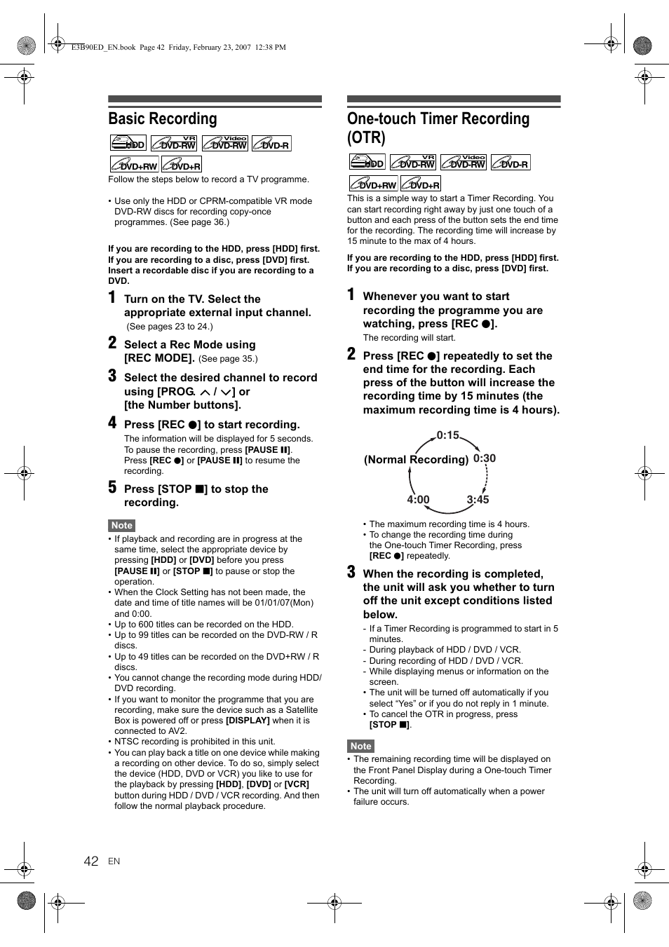 Basic recording, One-touch timer recording (otr) | Toshiba RD-XV47KE User Manual | Page 42 / 111