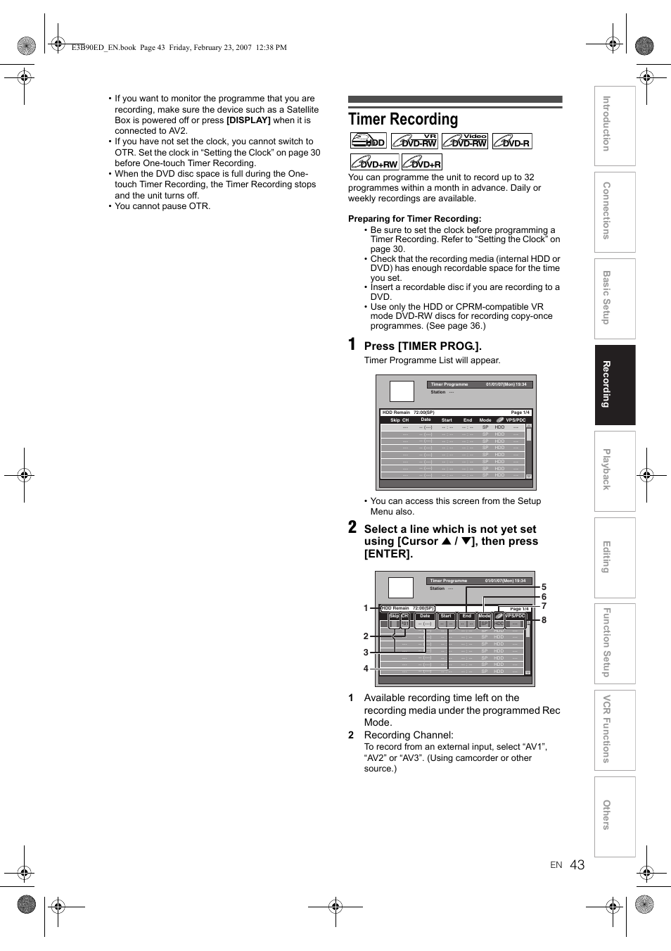 Timer recording, Press [timer prog, Select a line which is not yet set using [cursor | Then press [enter | Toshiba RD-XV47KE User Manual | Page 43 / 111