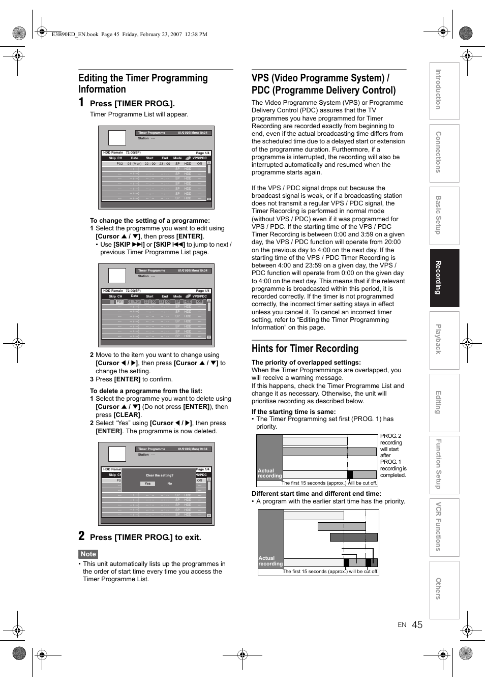 Editing the timer programming information, Hints for timer recording, Press [timer prog | Press [timer prog.] to exit, Then press [cursor, Then press [enter] . the programme is now deleted | Toshiba RD-XV47KE User Manual | Page 45 / 111
