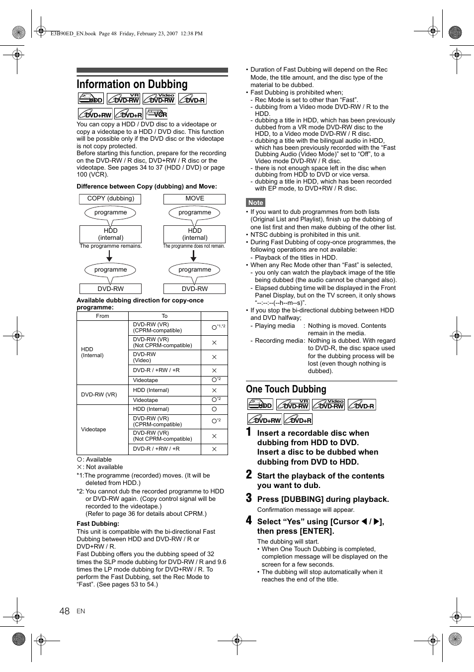 Information on dubbing, One touch dubbing | Toshiba RD-XV47KE User Manual | Page 48 / 111