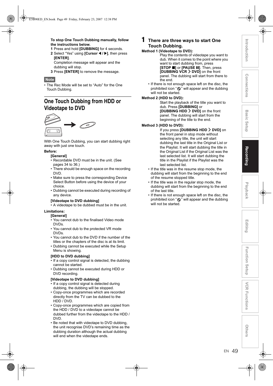 One touch dubbing from hdd or videotape to dvd | Toshiba RD-XV47KE User Manual | Page 49 / 111