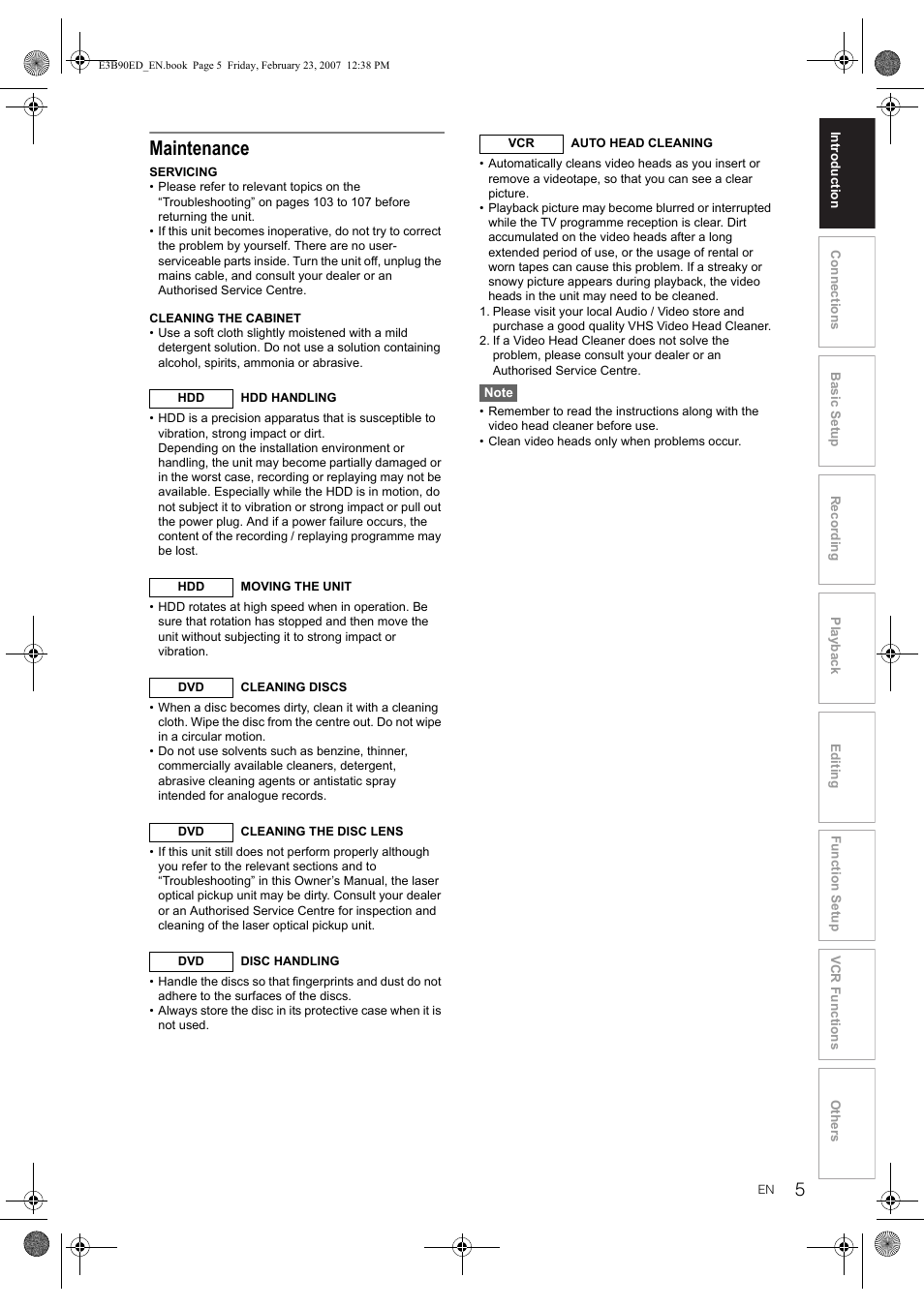 Maintenance | Toshiba RD-XV47KE User Manual | Page 5 / 111