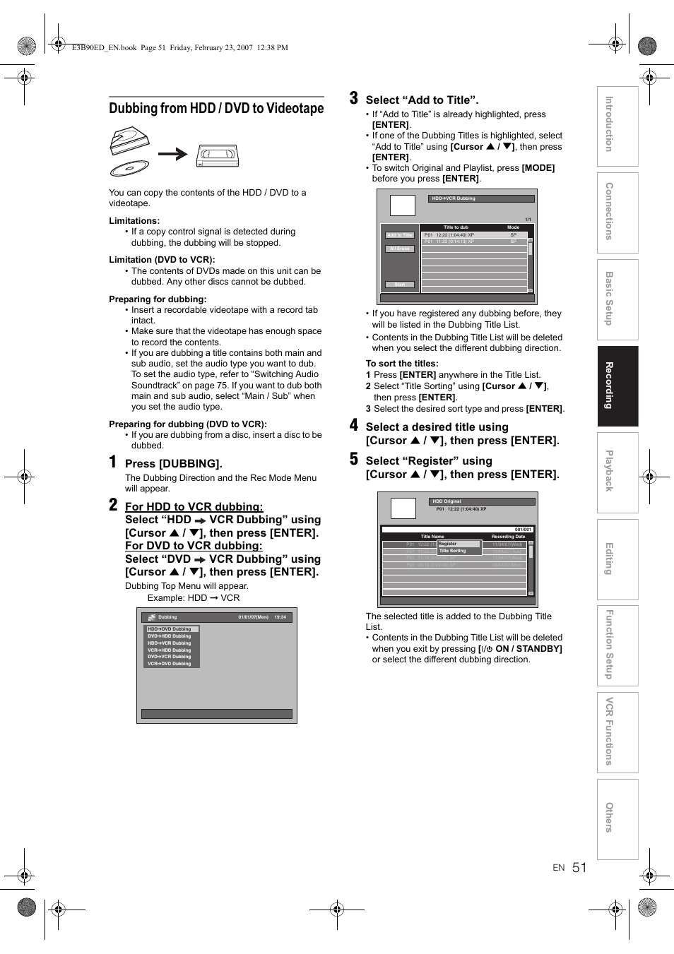 Dubbing from hdd / dvd to videotape, Press [dubbing, Then press [enter | Select “add to title, Select a desired title using [cursor, Select “register” using [cursor | Toshiba RD-XV47KE User Manual | Page 51 / 111