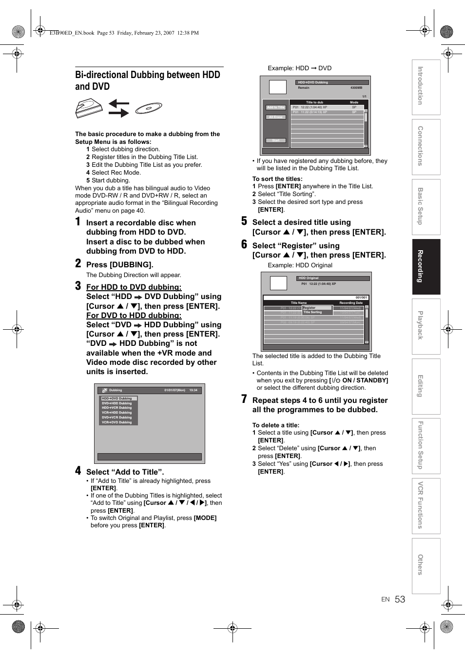 Bi-directional dubbing between hdd and dvd, Press [dubbing, Select “add to title | Select a desired title using [cursor, Then press [enter, Select “register” using [cursor | Toshiba RD-XV47KE User Manual | Page 53 / 111