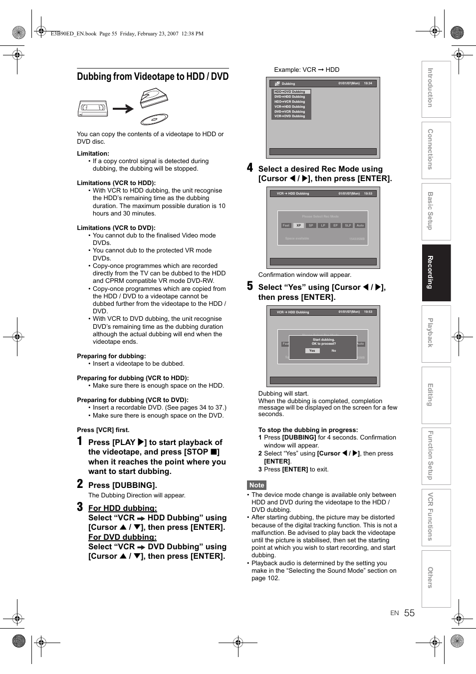 Dubbing from videotape to hdd / dvd, Press [dubbing, Then press [enter | Select a desired rec mode using [cursor, Select “yes” using [cursor | Toshiba RD-XV47KE User Manual | Page 55 / 111