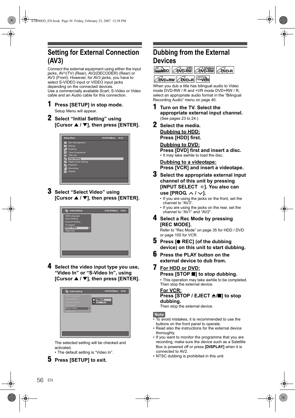 Setting for external connection (av3), Dubbing from the external devices | Toshiba RD-XV47KE User Manual | Page 56 / 111