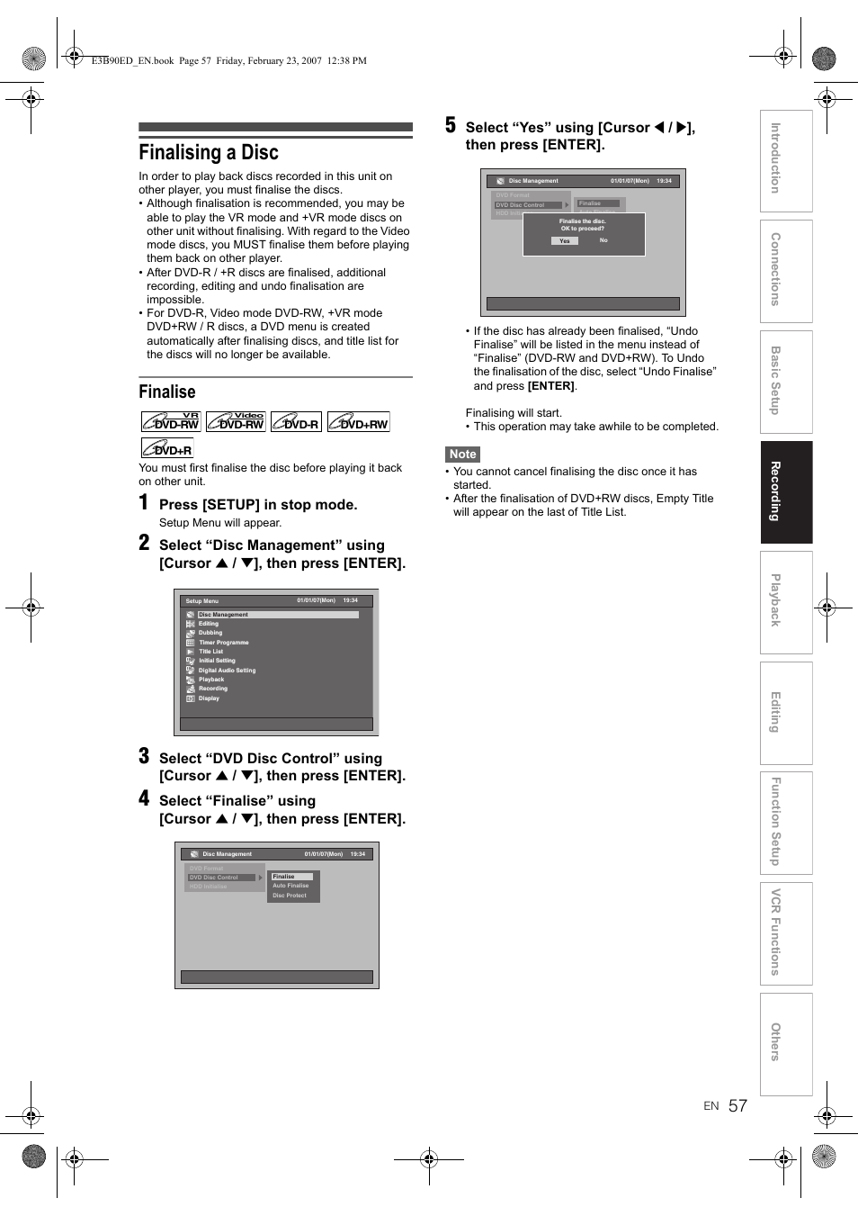 Finalising a disc, Finalise, Press [setup] in stop mode | Select “disc management” using [cursor, Then press [enter, Select “dvd disc control” using [cursor, Select “finalise” using [cursor, Select “yes” using [cursor | Toshiba RD-XV47KE User Manual | Page 57 / 111