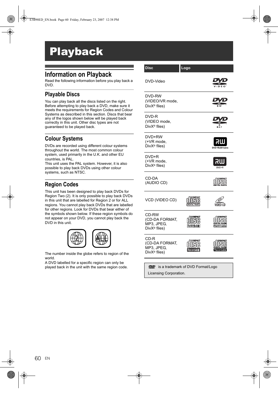 Playback, Information on playback, Playable discs | Colour systems, Region codes | Toshiba RD-XV47KE User Manual | Page 60 / 111