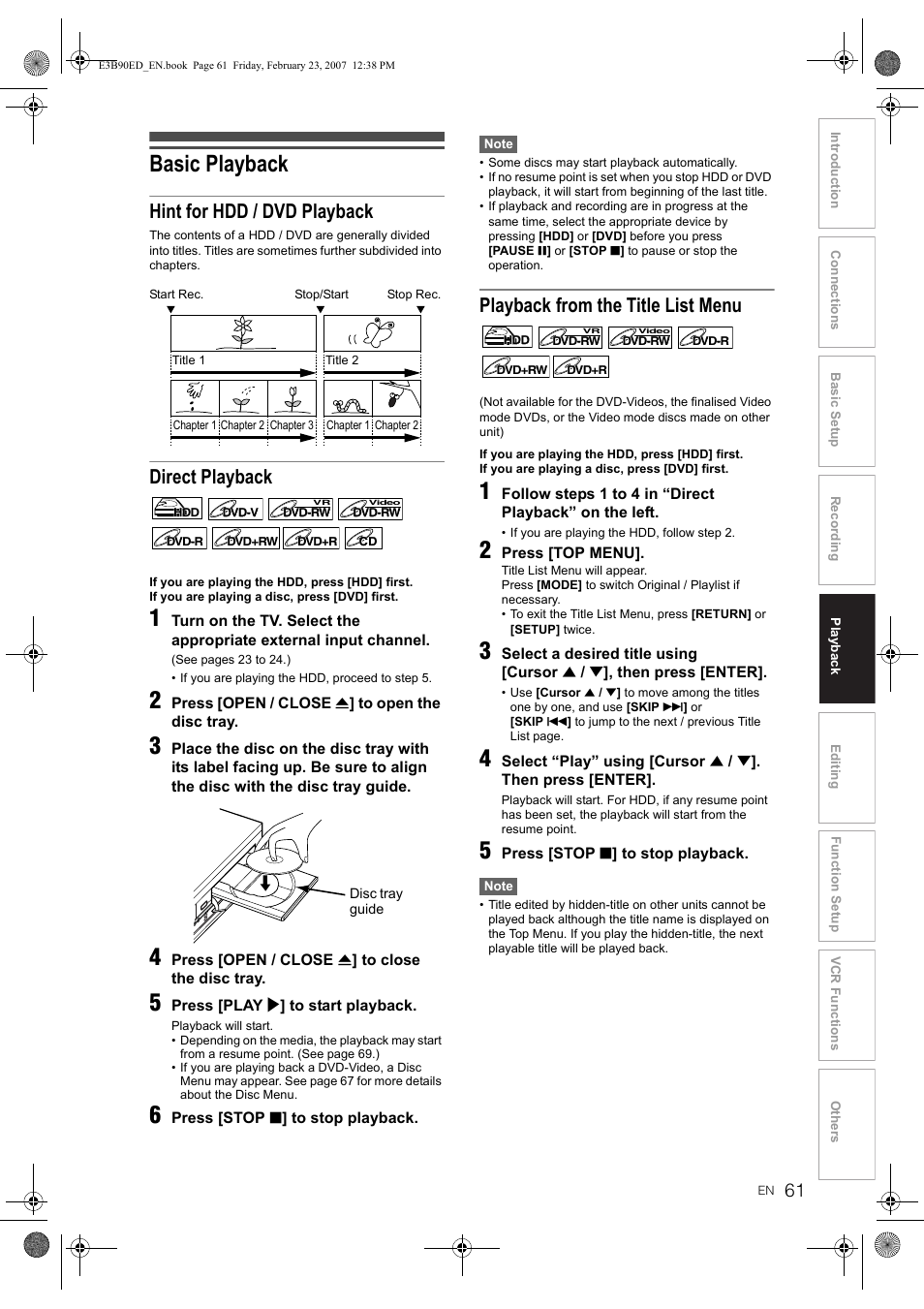 Basic playback, Hint for hdd / dvd playback, Direct playback | Playback from the title list menu | Toshiba RD-XV47KE User Manual | Page 61 / 111