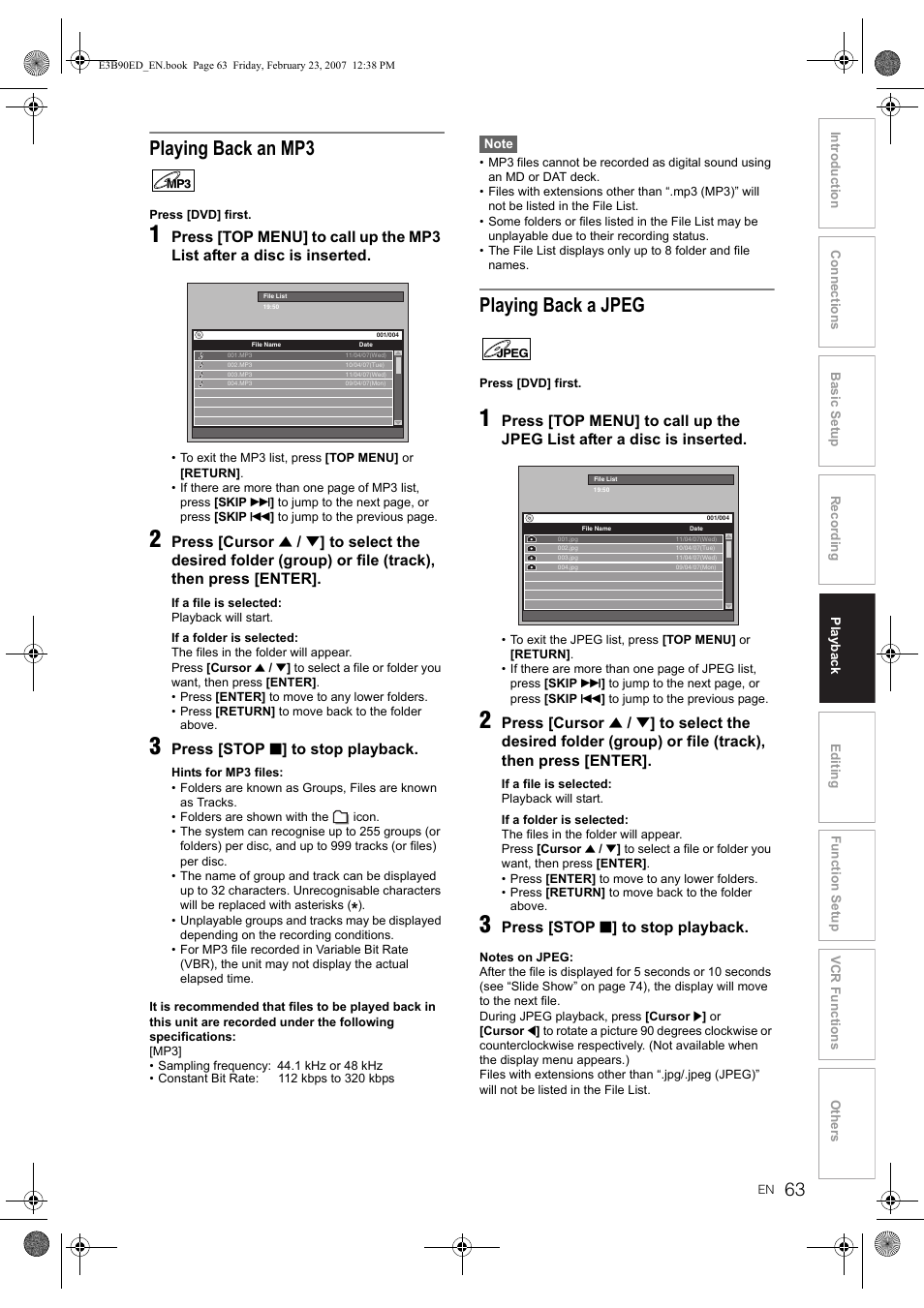 Playing back an mp3, Playing back a jpeg | Toshiba RD-XV47KE User Manual | Page 63 / 111