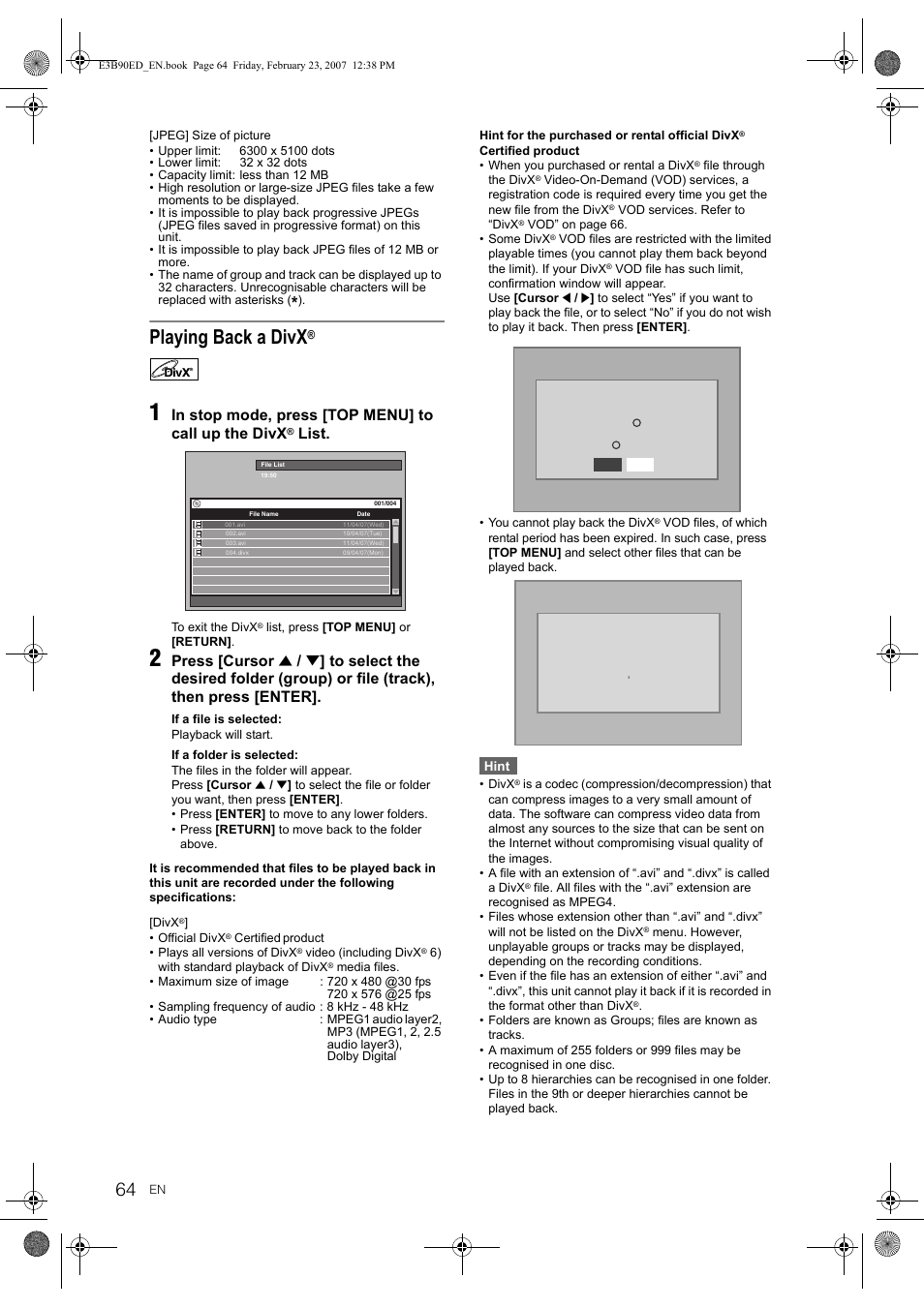 Playing back a divx, List, Press [cursor | Toshiba RD-XV47KE User Manual | Page 64 / 111