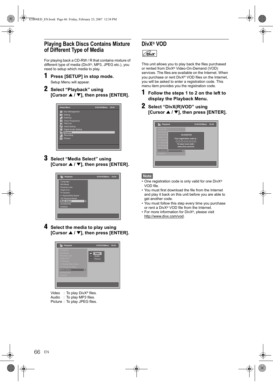 Divx, Press [setup] in stop mode, Select “playback” using [cursor | Then press [enter, Select “media select” using [cursor, Select the media to play using [cursor, Select “divx(r)vod” using [cursor | Toshiba RD-XV47KE User Manual | Page 66 / 111