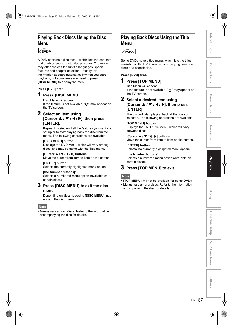 Playing back discs using the disc menu, Playing back discs using the title menu | Toshiba RD-XV47KE User Manual | Page 67 / 111