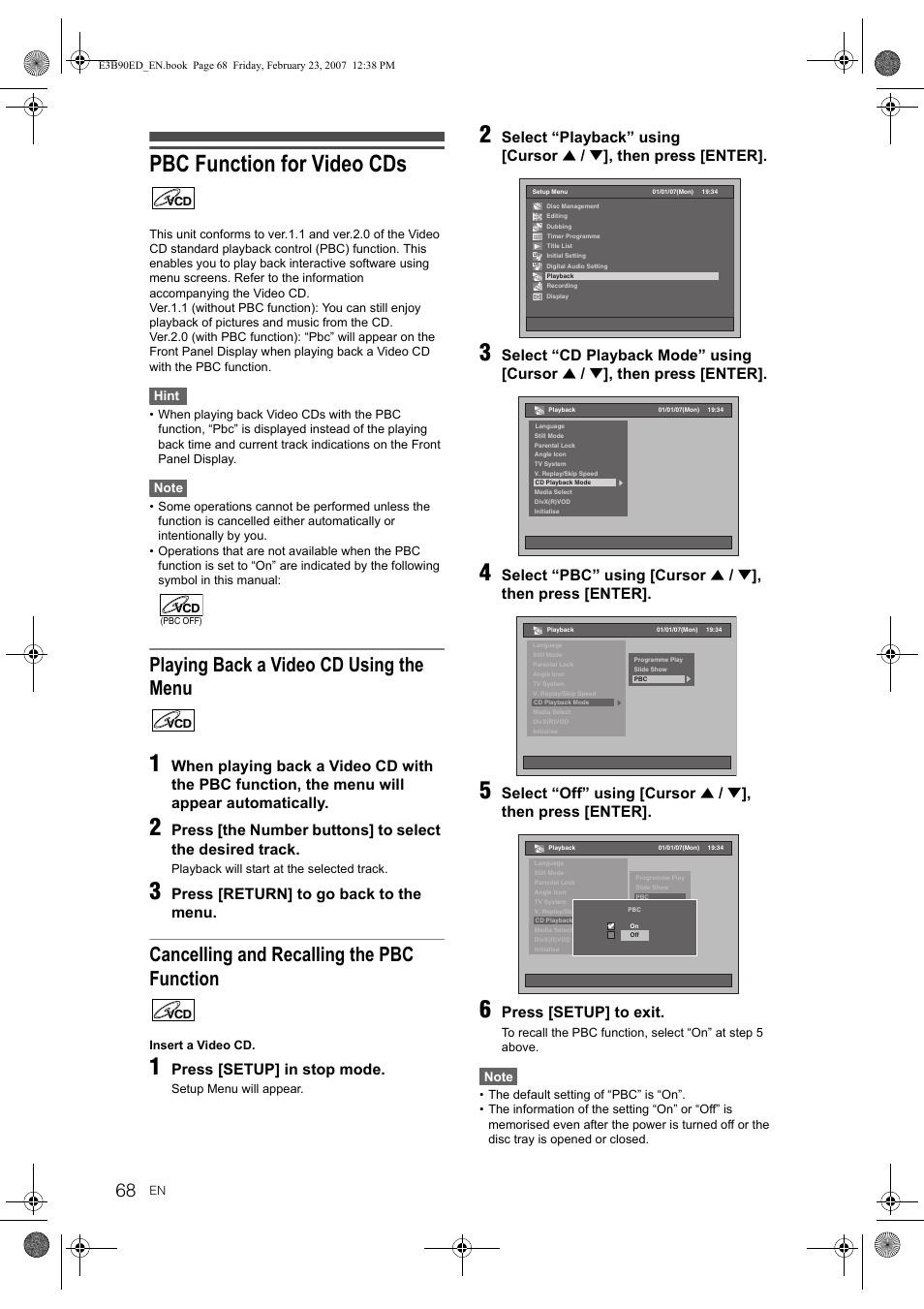 Pbc function for video cds, Playing back a video cd using the menu, Cancelling and recalling the pbc function | Press [return] to go back to the menu, Press [setup] in stop mode, Select “playback” using [cursor, Then press [enter, Select “cd playback mode” using [cursor, Select “pbc” using [cursor, Select “off” using [cursor | Toshiba RD-XV47KE User Manual | Page 68 / 111